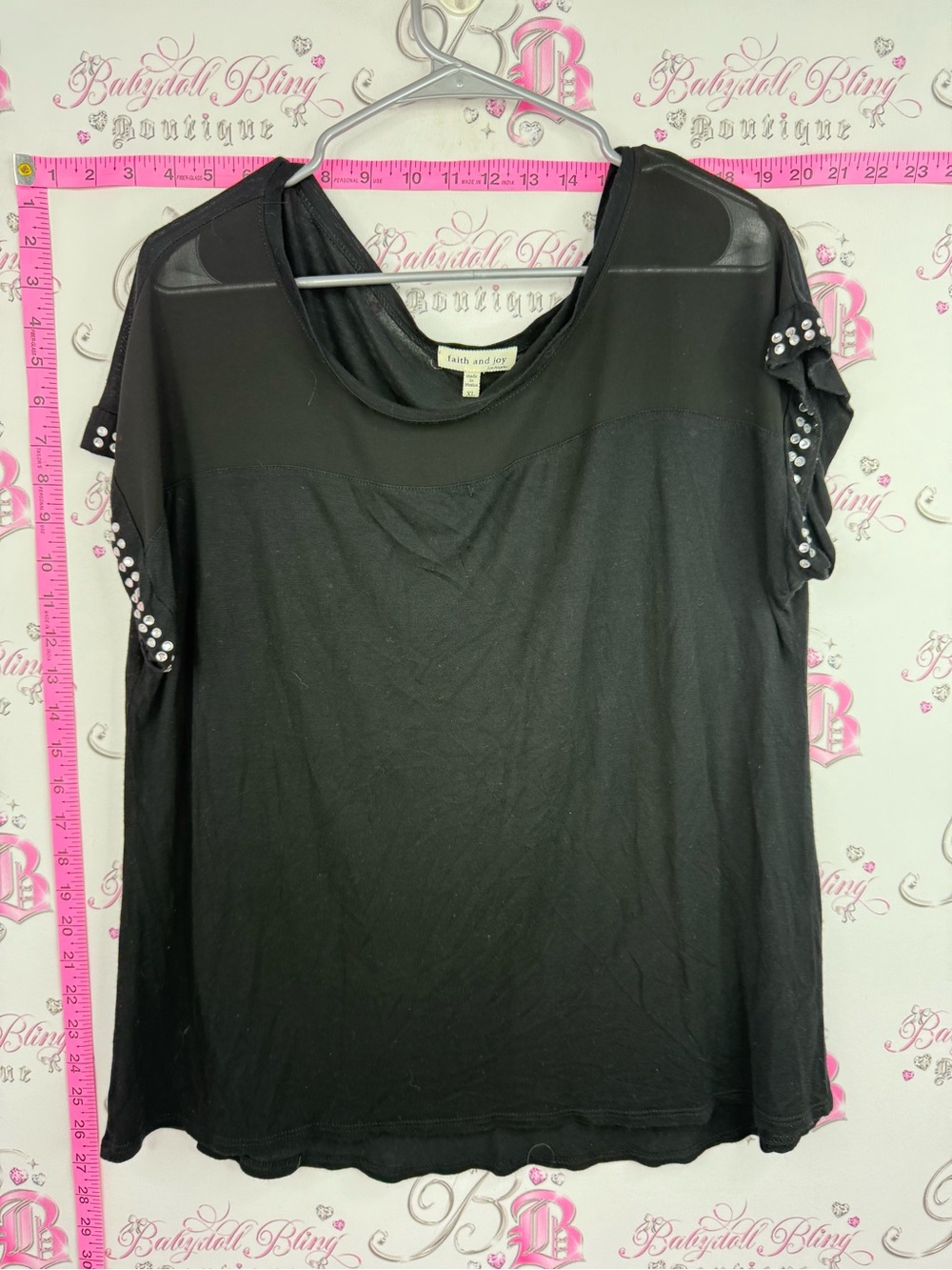 Faith and Joy Black Short Sleeve Top with Sheer Yoke and Studded Sleeves